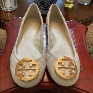Tory Burch Ivory Quilted Flats with Gold Logo